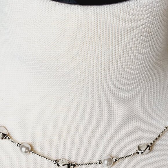 Silver Tone & Faux Pearl Choker Station Necklace Snake Chain 16" - Picture 6 of 9